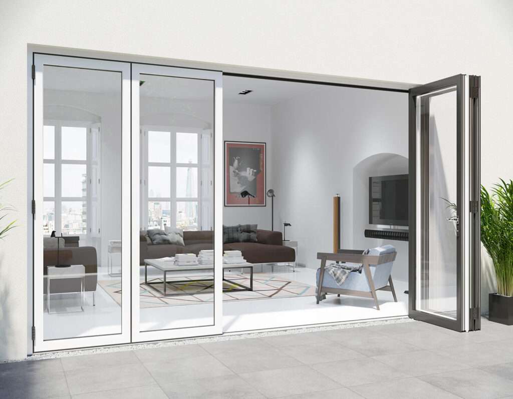 Dual-color aluminum folding doors leading to an outdoor patio
