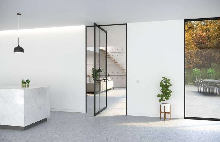 A modern pivot door with a sleek aluminium frame and glass panel, smoothly rotating on a pivot hinge for a luxurious and stylish entrance.