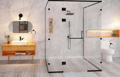 Beautiful luxury marble bathroom interior in beige color. Large glass walk in shower. Northwest USA