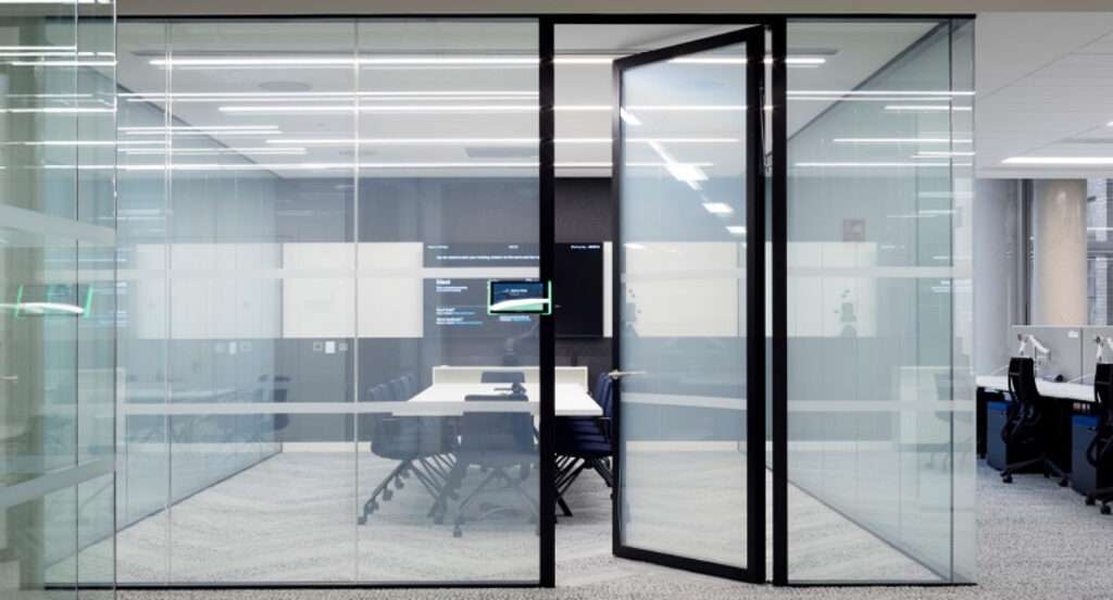 Smart privacy glass doors in a commercial space