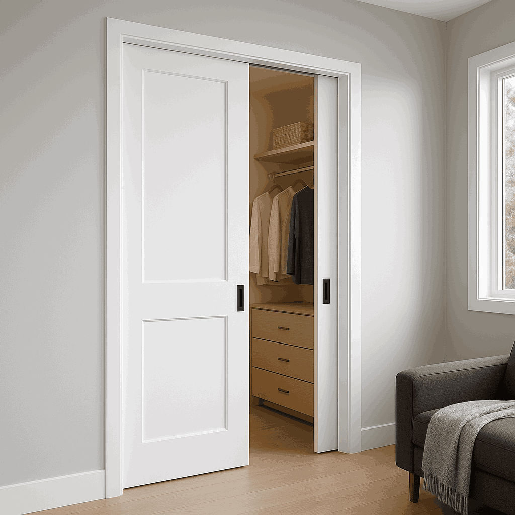 White pocket door sliding into wall.