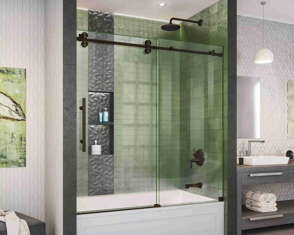 Frameless walk-in shower glass creating an open modern bathroom
