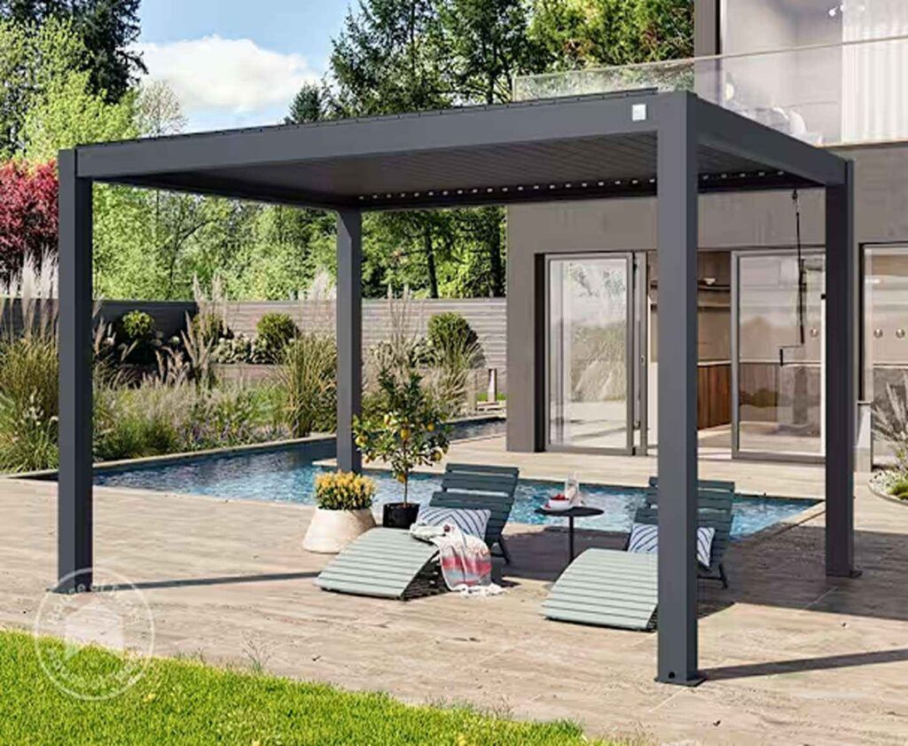 Aluminium pergola with adjustable louvers installed in a modern backyard, offering shade and a clean minimalist design.