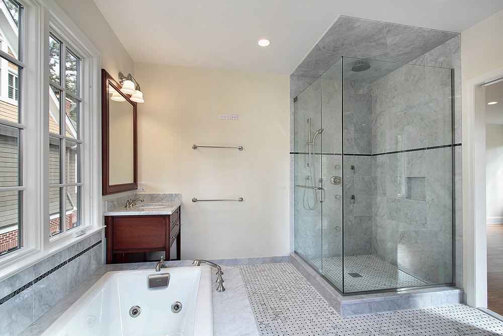 Glass partition wall dividing wet and dry areas in bathroom