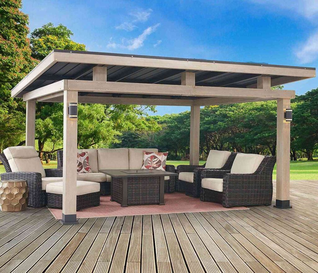 Modern wooden gazebo in a lush garden providing shaded seating and relaxation space.