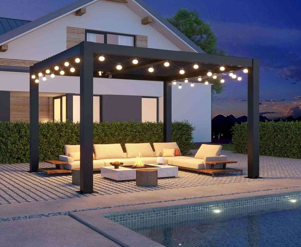 Modern outdoor pergola with a sleek open-top design providing shade and a stylish seating area.