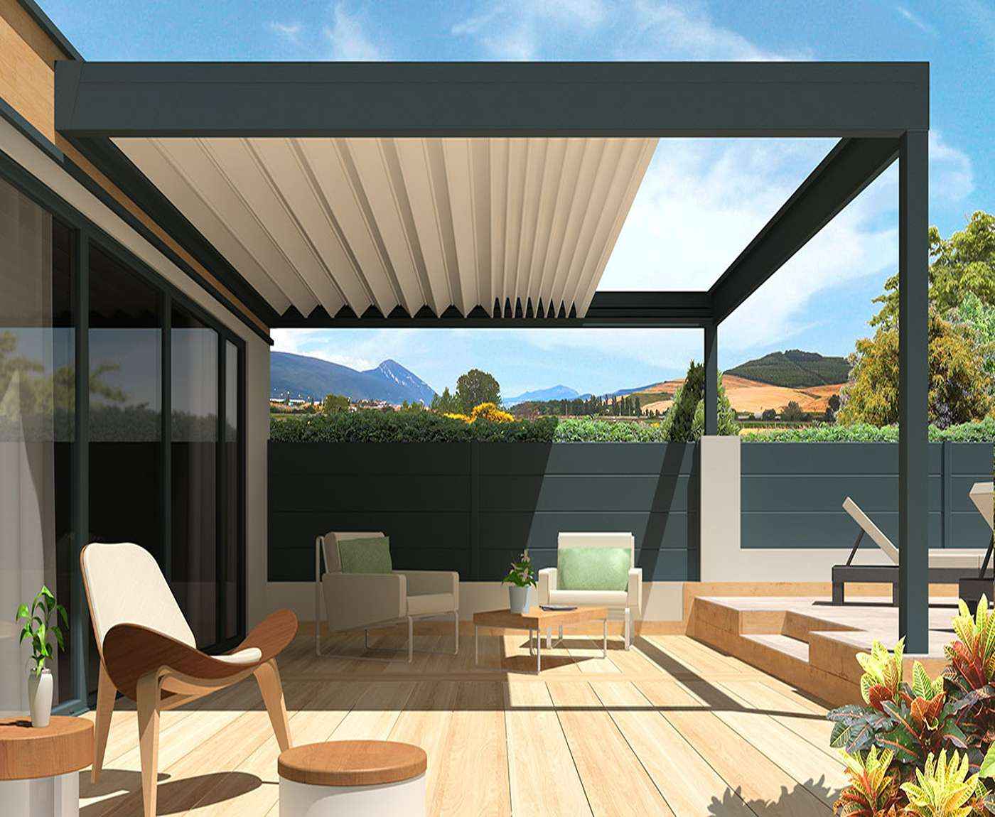 Retractable pergola with sliding fabric canopy providing adjustable shade in a modern outdoor seating area.
