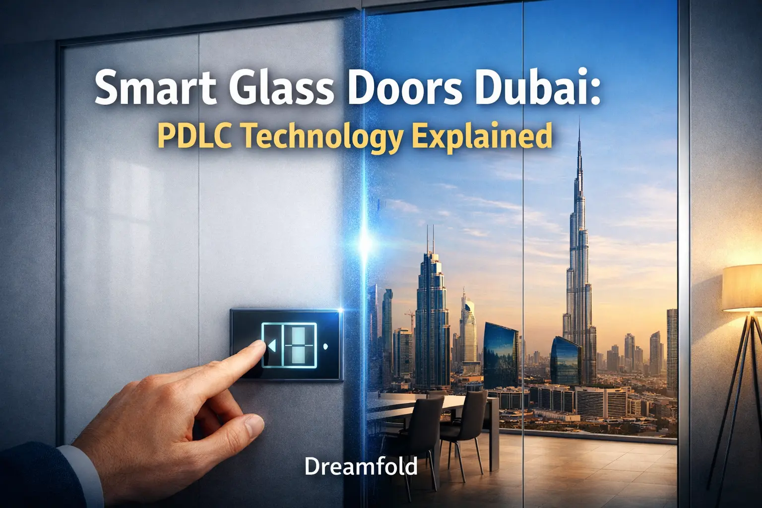 Smart glass doors switching between clear and frosted in a Dubai interior