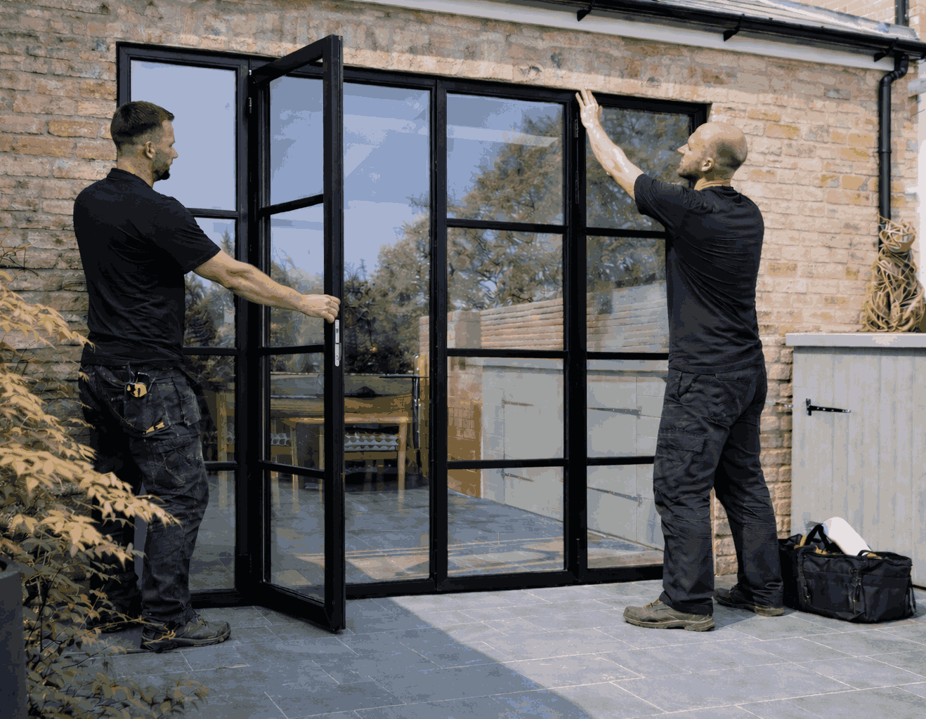 Professional commercial door installation team working on office glass partition Dubai