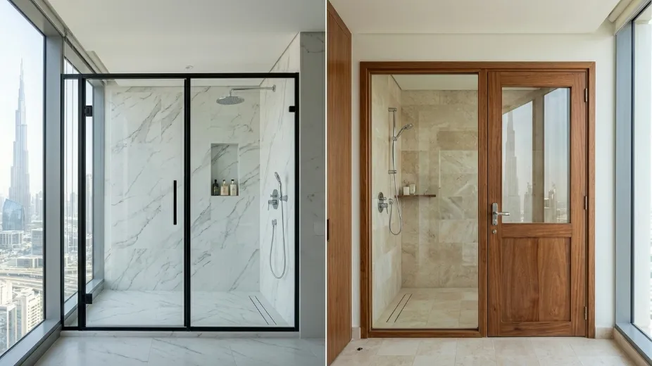 Bathroom door materials comparison Dubai PVC aluminium and marine plywood
