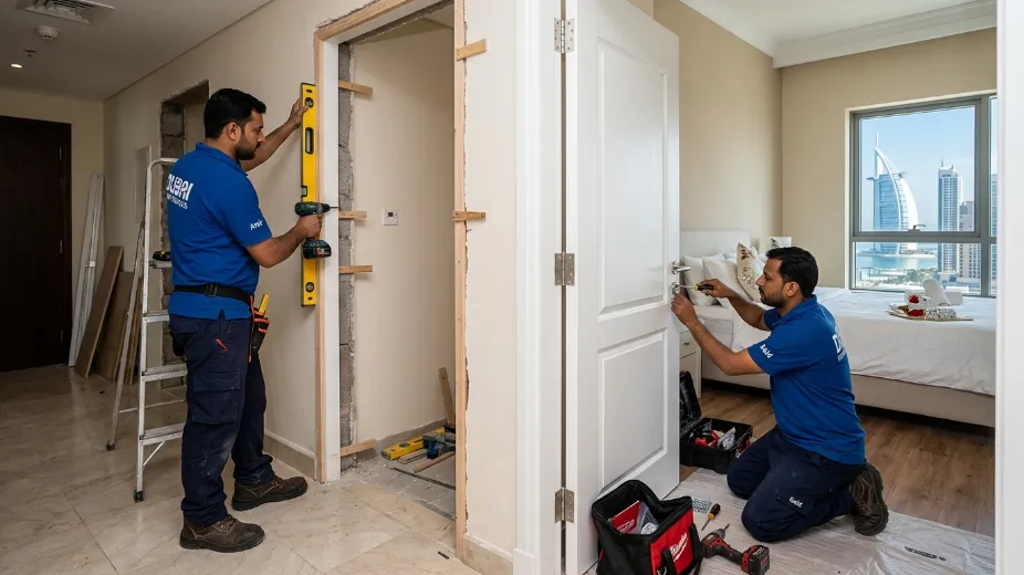 Bedroom door installation process Dubai showing frame fitting and hardware installation