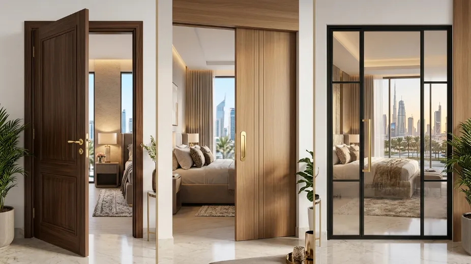 Bedroom door types comparison showing hinged, sliding, and glass panel options Dubai