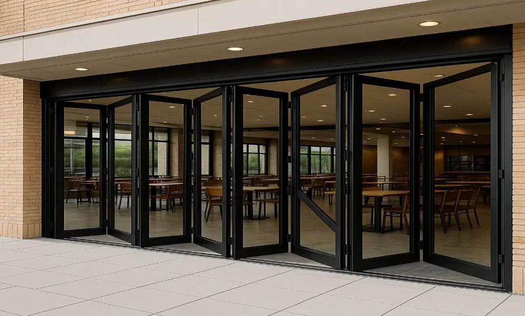 Multiple folding door applications showing residential villa pool area commercial restaurant and interior room divider installations in Dubai