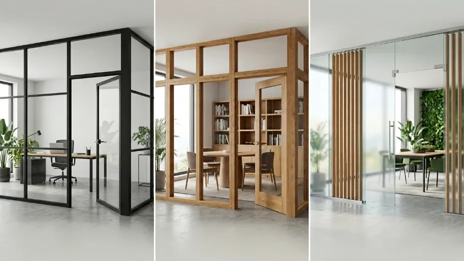 Comparison showing aluminium, wooden, and bioclimatic glass partition designs with material and finish differences