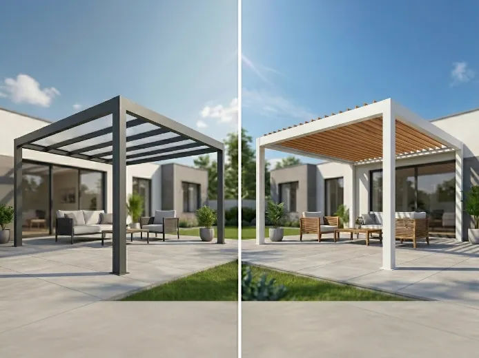 Comparison showing aluminium, wooden, and bioclimatic pergola designs with material and finish differences