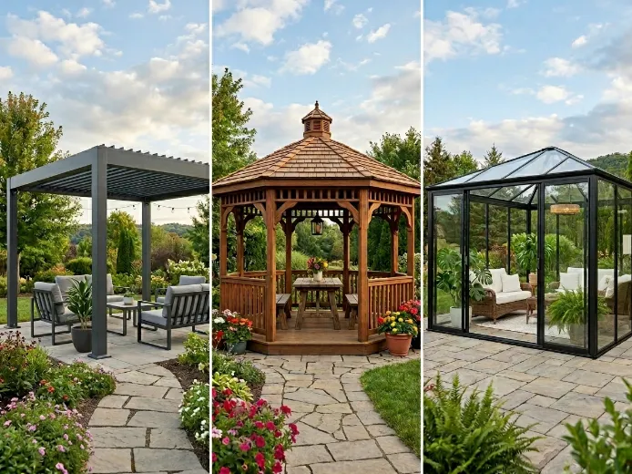 Comparison showing aluminium, wooden, and glass-enclosed gazebo designs with material and finish differences