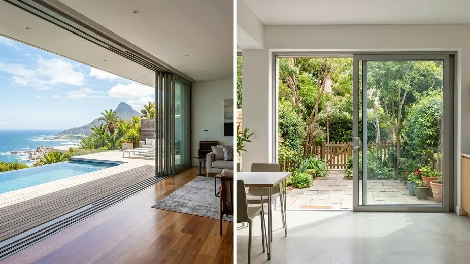Comparison showing multi-slide telescopic versus standard sliding versus bifold door opening percentages and stacking space