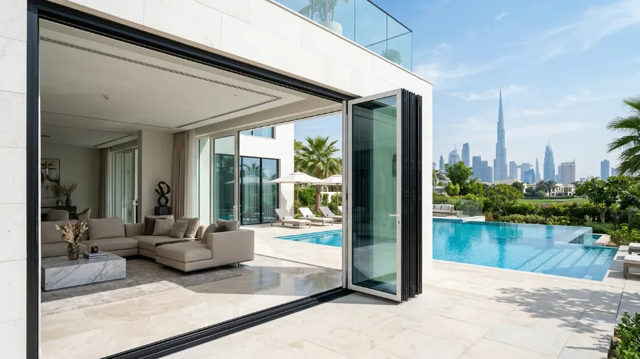 Dual-colour aluminium bifold doors showing black exterior and white interior creating dramatic contrast in Dubai villa