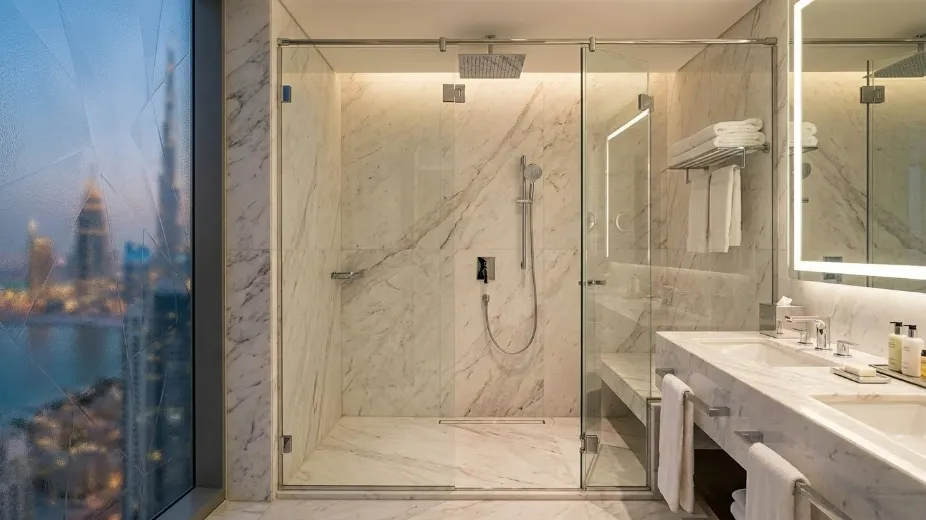 Frameless shower glass enclosure installed in Dubai luxury bathroom with 10mm tempered glass chrome hardware and walk-in design