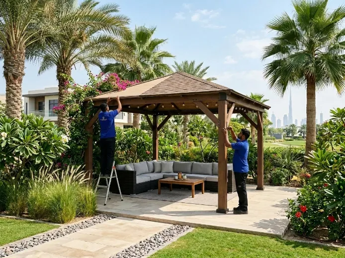 Gazebo installation Dubai showing garden pavilion and outdoor room enhancement