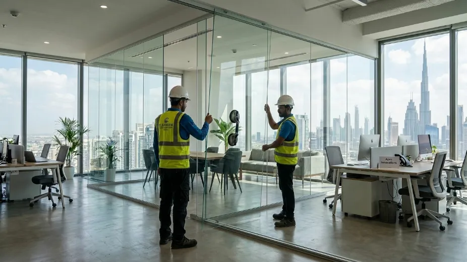 Glass partition installation Dubai showing frameless office dividers and modern workspace
