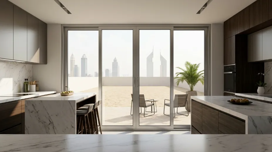 Kitchen bifold door benefits Dubai indoor-outdoor connection