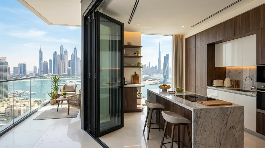 Kitchen bifold doors Dubai space-saving folding glass systems