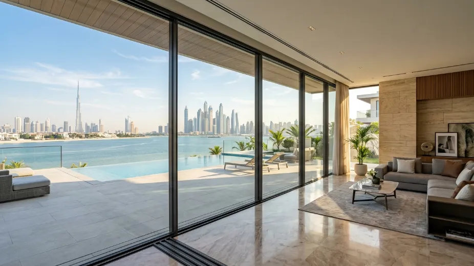 Large format sliding glass doors installed in modern Dubai villa showing panoramic views with multiple panels and slim aluminium frames