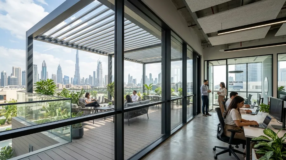 Modern Glass Partition installation showing aluminium structure, bioclimatic louvers, and outdoor living integration Dubai