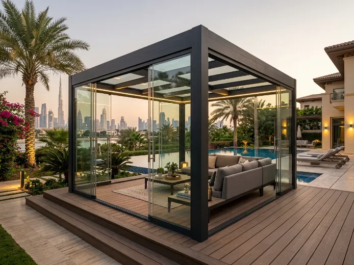 Modern gazebo installation showing aluminium structure, glass-enclosed wall panels, and outdoor living integration Dubai