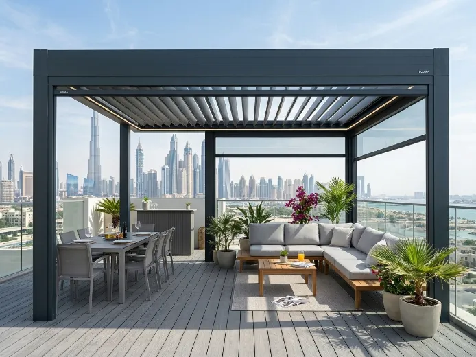 Modern pergola installation showing aluminium structure, bioclimatic louvers, and outdoor living integration Dubai