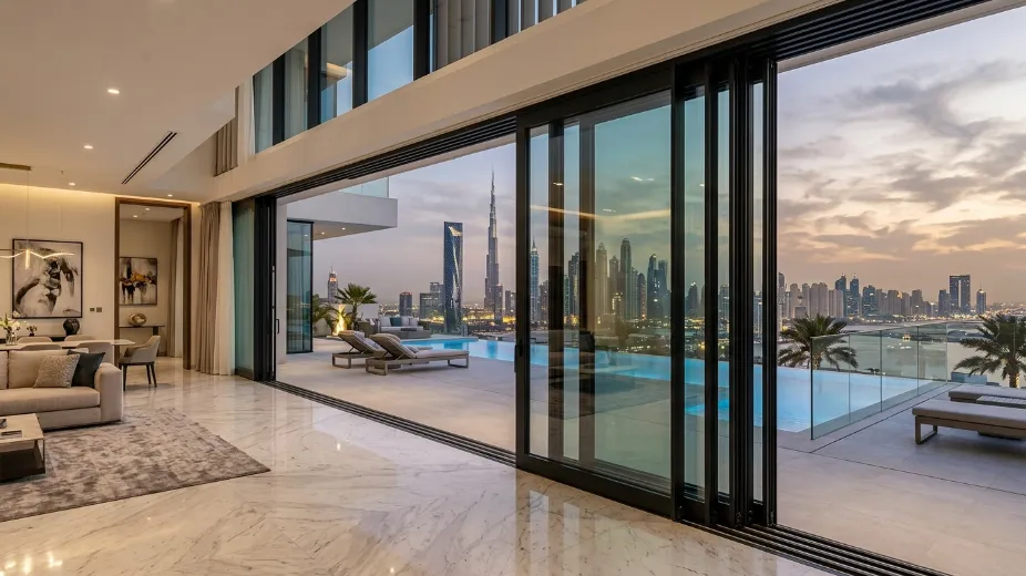 Multi-slide telescopic door benefits showing maximum opening compact stacking and synchronized operation in Dubai property