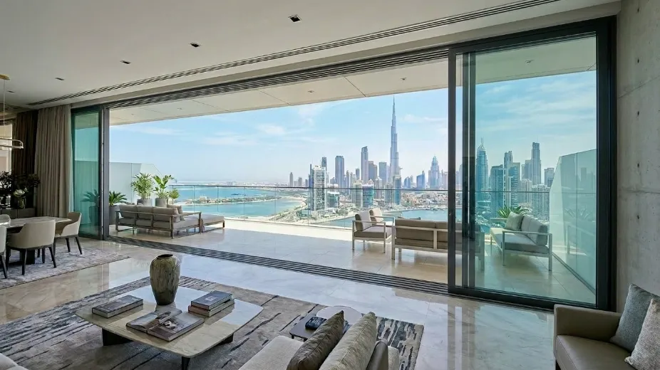 Multi-slide telescopic doors creating 12-meter ultra-wide opening with panels stacking compactly in Dubai penthouse