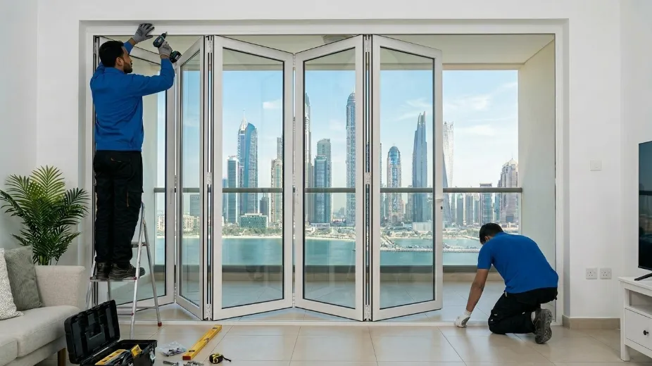 PVC folding doors installation process showing quick setup and adjustment in Dubai property