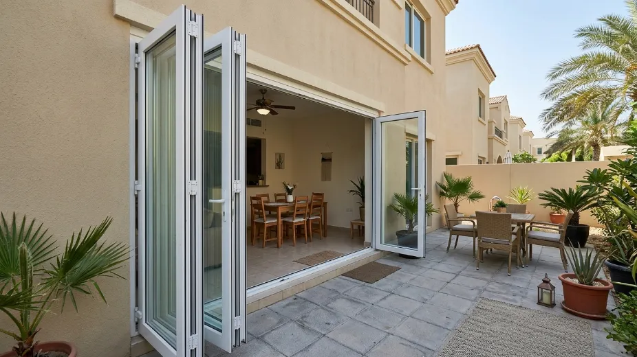 PVC folding doors installed in utility room showing budget-friendly solution for secondary areas in Dubai property