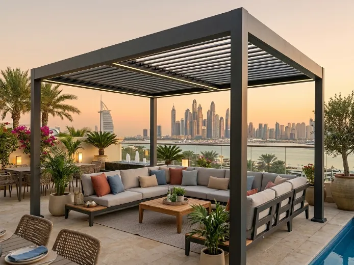 Pergola installation Dubai showing aluminium structure and outdoor living enhancement