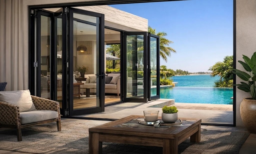 Premium aluminium bifold doors installation in Dubai villa showing folding glass panels opening to pool and garden