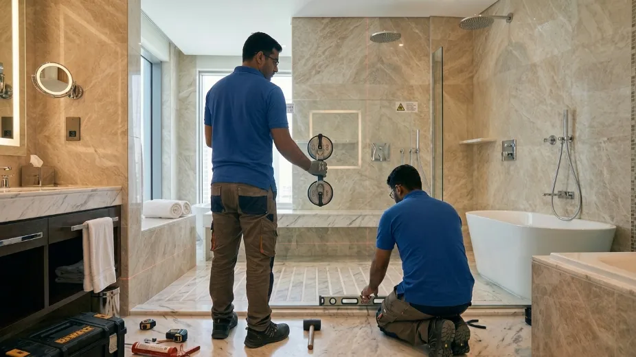 Professional shower glass installation process showing technicians installing frameless glass panels with precision tools in Dubai bathroom