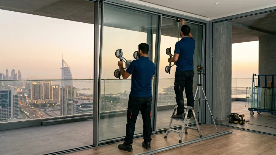Professional sliding door installation showing technicians precisely installing large format glass panels with specialized equipment in Dubai property