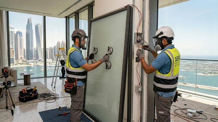 Professional smart glass installation showing technicians installing switchable privacy glass panel with electrical connections in Dubai property
