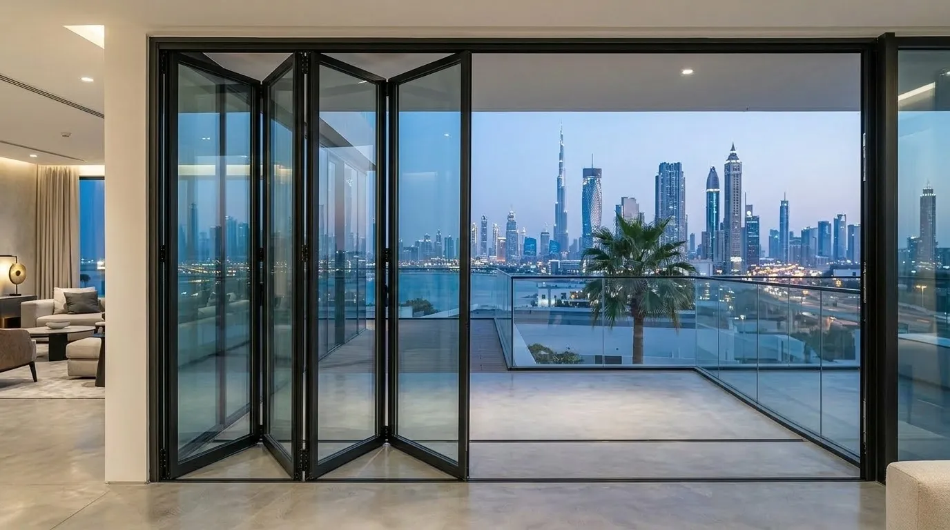 Professional ultra slim bifold installation showing precision alignment of minimal frame panels with German hardware in Dubai property