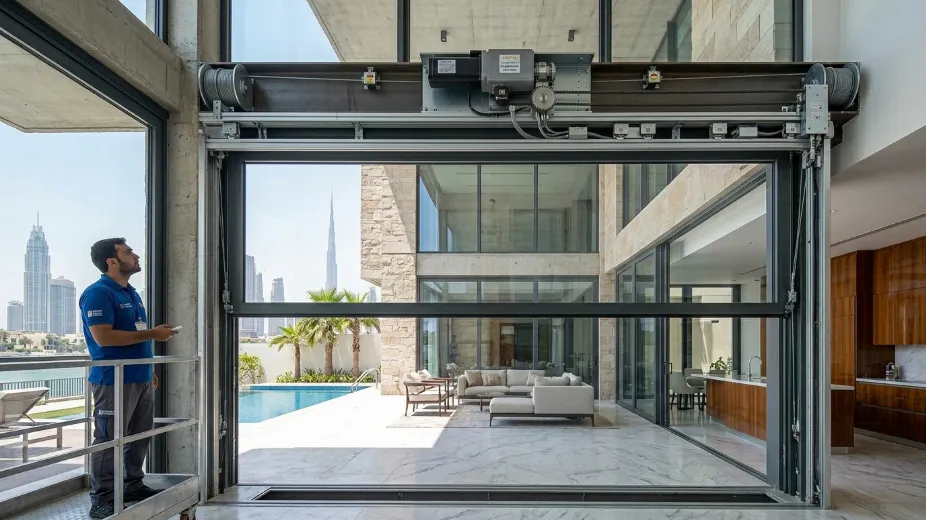 Professional vertical bifold installation showing overhead mounting and motorized mechanism assembly in Dubai property
