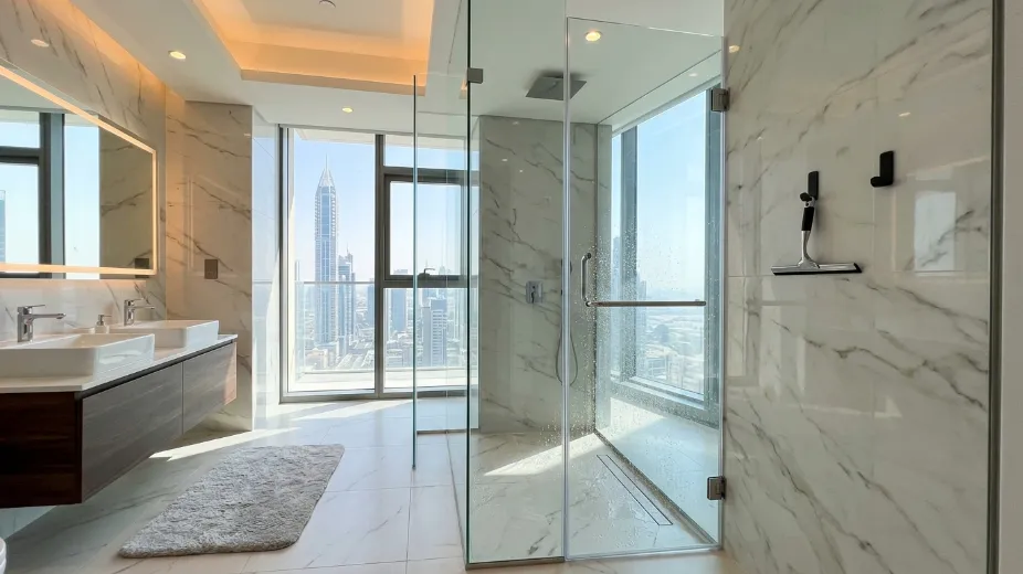 Shower glass benefits showcase including space enhancement hygiene durability and water containment in modern Dubai bathroom