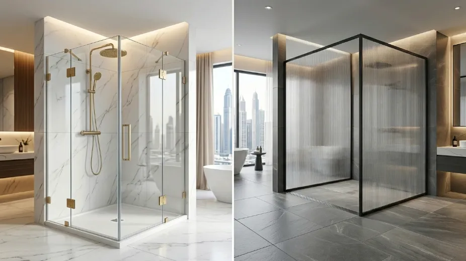 Shower glass types comparison Dubai frameless and walk-in designs