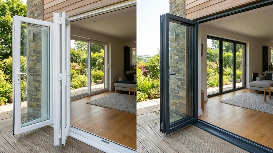 Side by side comparison PVC and aluminium folding doors showing material and finish differences