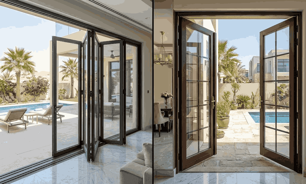 Side by side comparison of bifold sliding pivot and French door types installed in Dubai homes showing opening mechanisms