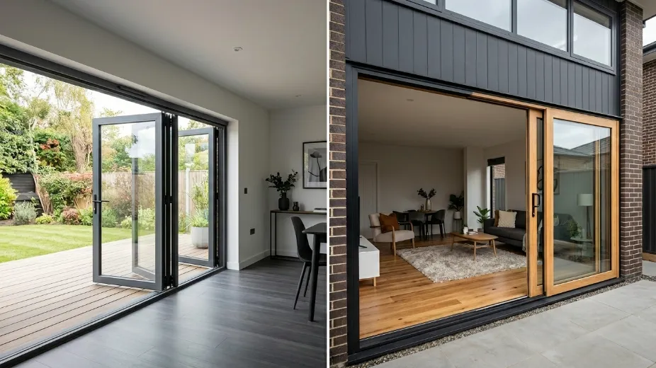 Side by side comparison showing dual-colour versus single-color aluminium door highlighting color coordination differences
