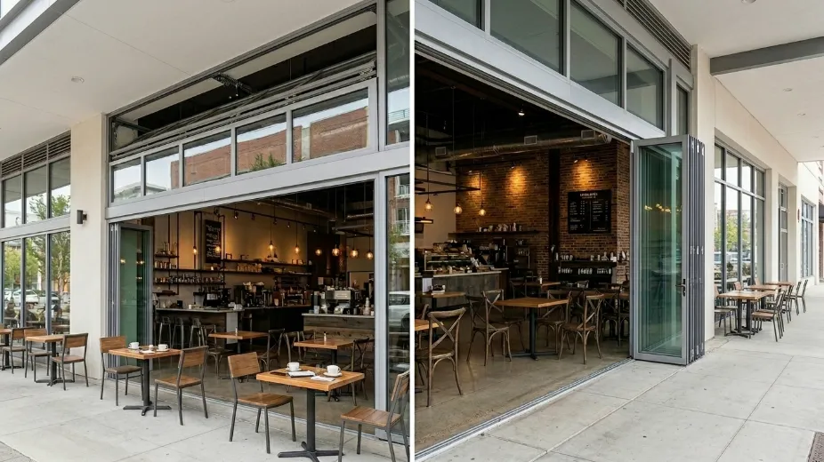 Side by side comparison showing vertical bifold opening upward versus horizontal bifold opening sideways demonstrating space differences