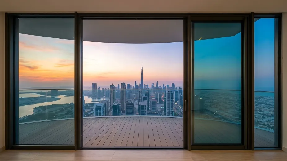 Sliding door benefits showcase including panoramic views wind resistance energy efficiency and space saving design in Dubai properties