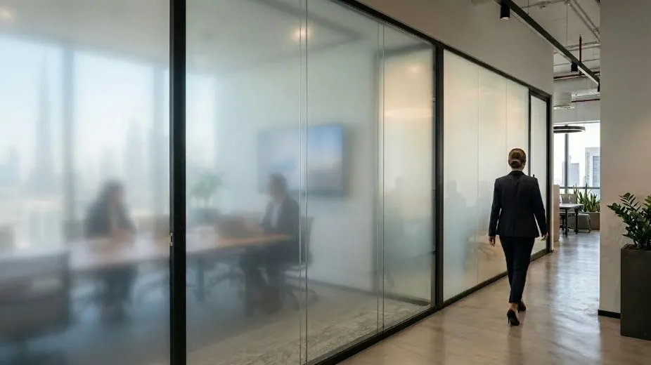 Smart switchable glass office partitions in Dubai corporate office showing transparent collaborative mode and opaque private meeting mode